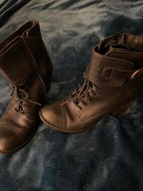 Women's Lace-Up Black Leather Ankle Boots with Buckle Detail
